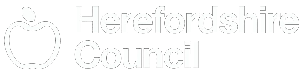 Outline logo featuring an apple shape to the left, with the words Herefordshire Council in large outlined letters to the right on a light background.